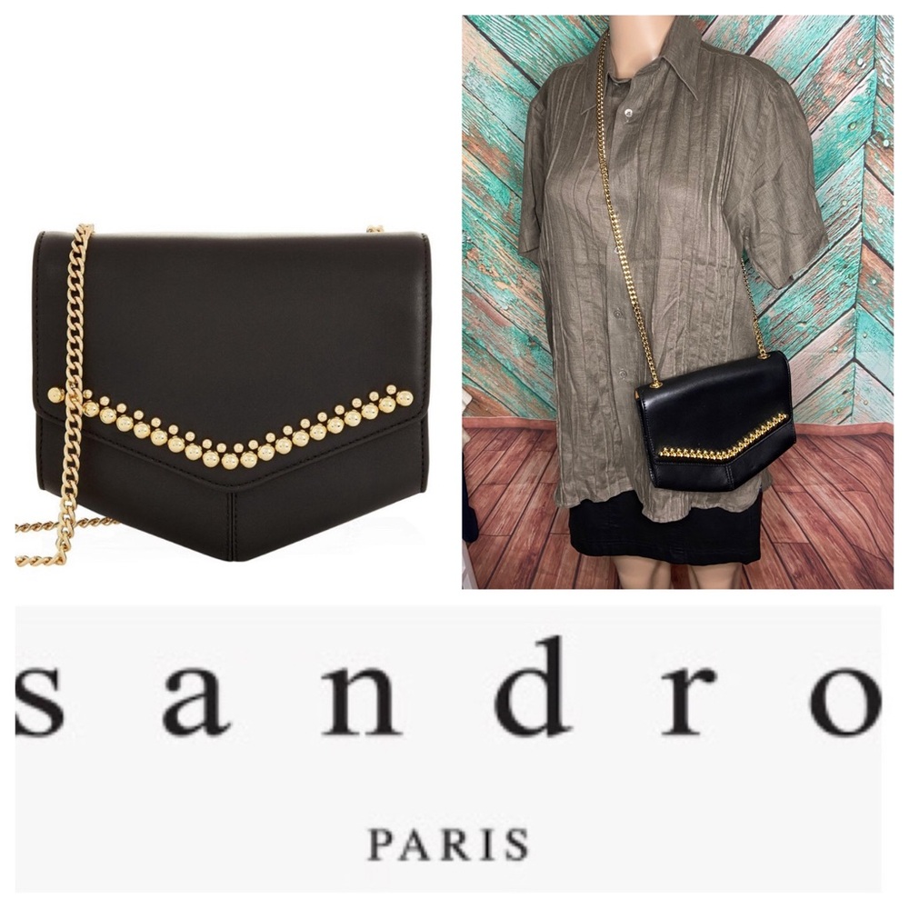 Sandro Lou Black Leather Studded Crossbody Bag With Gold Chain Strap